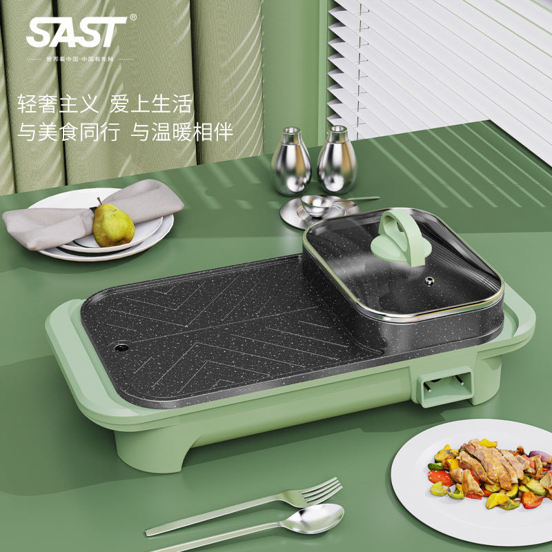 SAST Non-stick Grilling and Boiling All-in-One Pot Household Multifunctional Square Electric Hot Pot Electric Grill Pan Barbecue Machine Electric Hot Pot BBQ