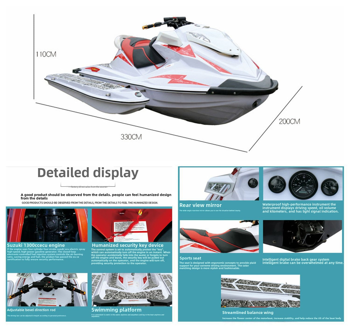 1300CC jet ski Three-body Jet Ski85Horsepower Engine Electric Motorboat Speedboat Watercraft