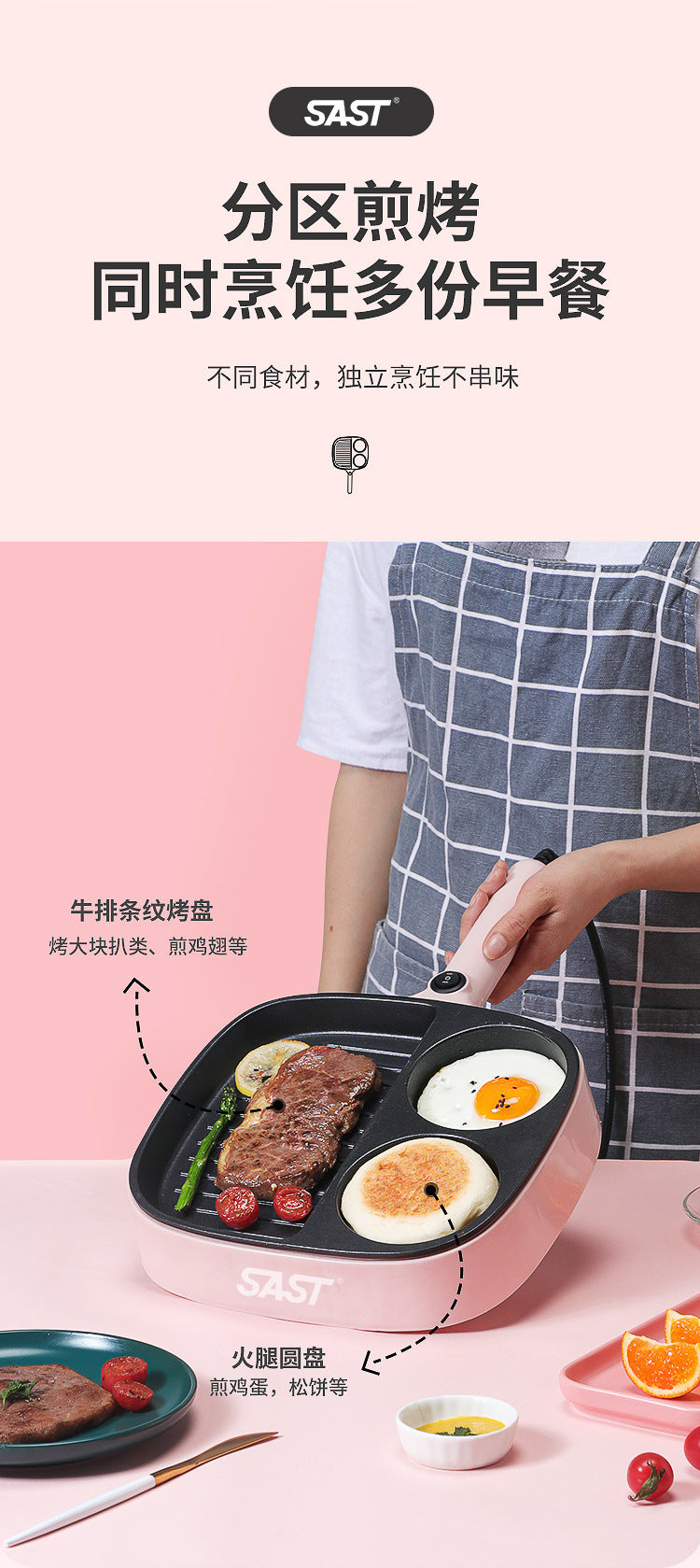 SAST Multifunctional Breakfast Machine for Home and Dormitory, Small Frying and Grilling Machine, Multifunctional Kitchen Magic Egg and Burger Pan with Partition