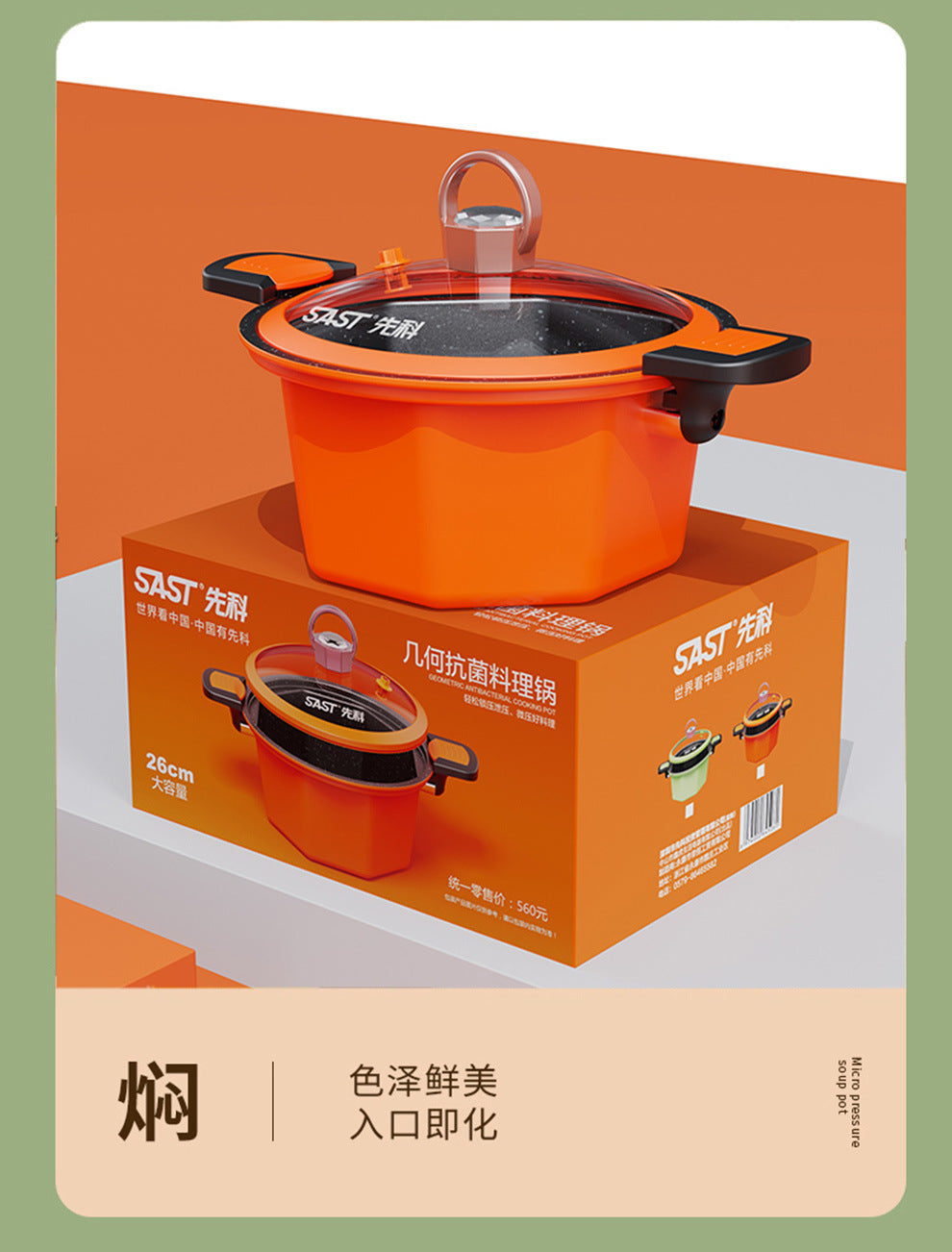 SAST Micro Pressure Cooker Large Capacity Soup Pot Household Pressure Cooker Antibacterial Geometric Pressure Cooker Compatible with Induction and Gas Stoves