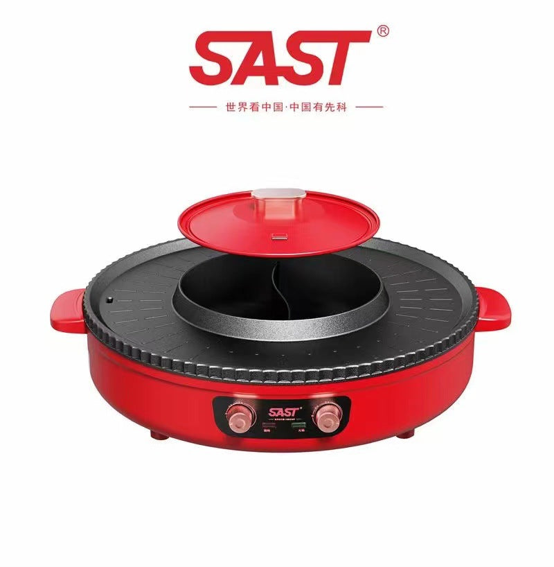 SAST Non-stick Grilling and Boiling All-in-One Pot Household Multifunctional Square Electric Hot Pot Electric Grill Pan Barbecue Machine Electric Hot Pot BBQ