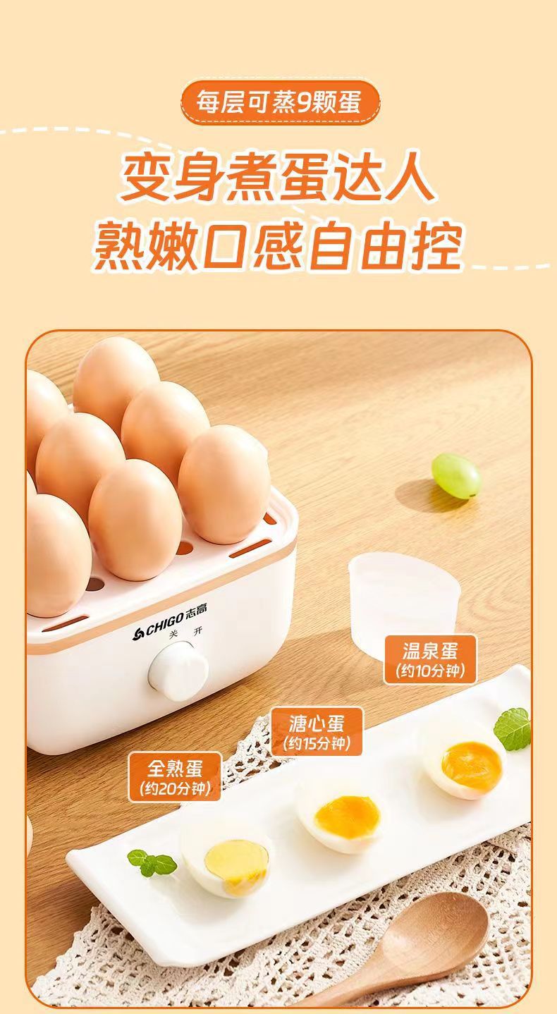 Chigo Egg Cooker Steamer Double Layer Automatic Power Off Household Small Egg Mini Multi-Function Breakfast Machine Magic Tool