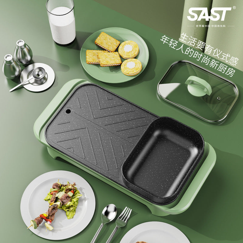 SAST Non-stick Grilling and Boiling All-in-One Pot Household Multifunctional Square Electric Hot Pot Electric Grill Pan Barbecue Machine Electric Hot Pot BBQ