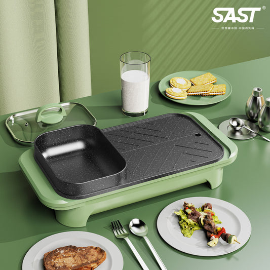 SAST Non-stick Grilling and Boiling All-in-One Pot Household Multifunctional Square Electric Hot Pot Electric Grill Pan Barbecue Machine Electric Hot Pot BBQ