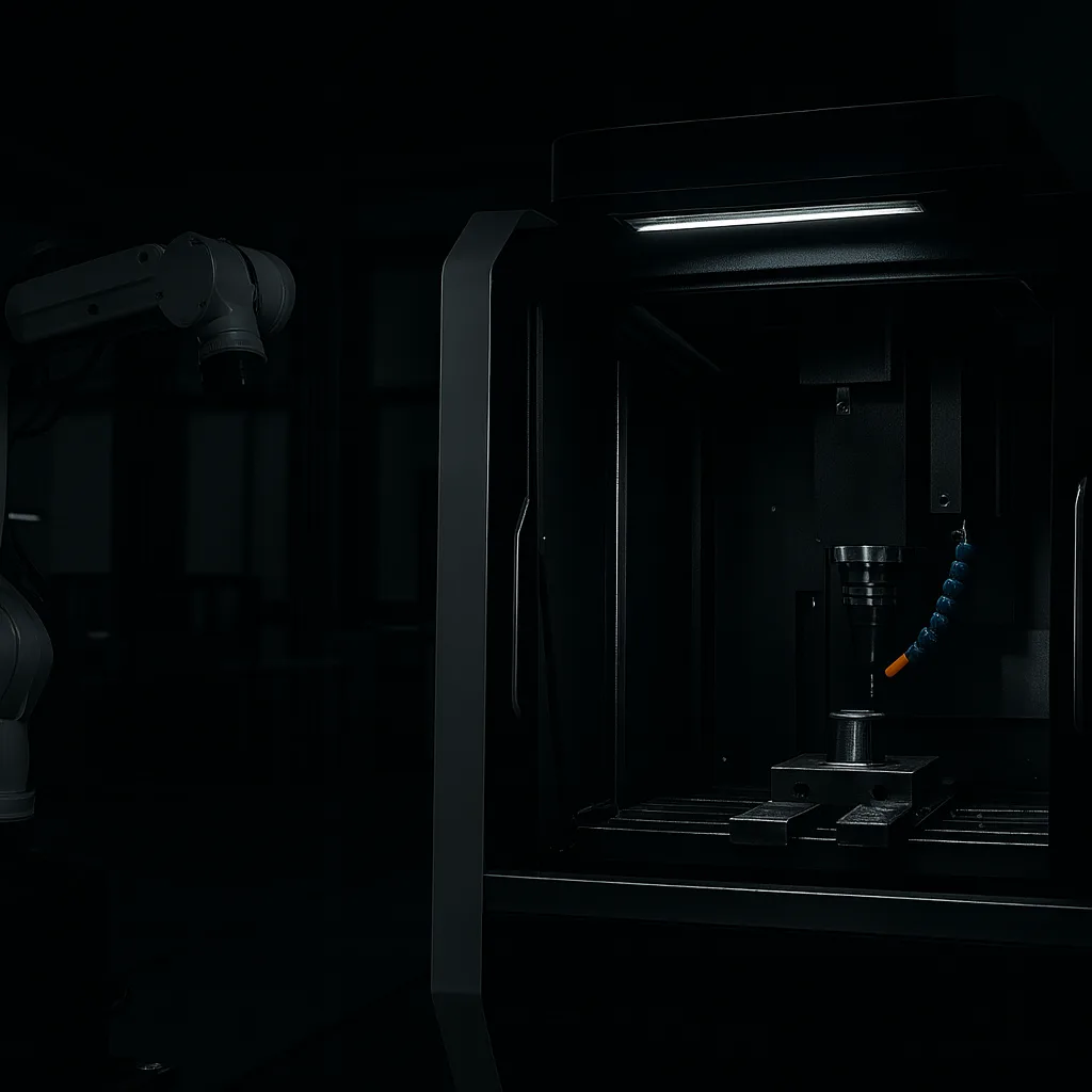 CNC machining equipment inside a dark workshop